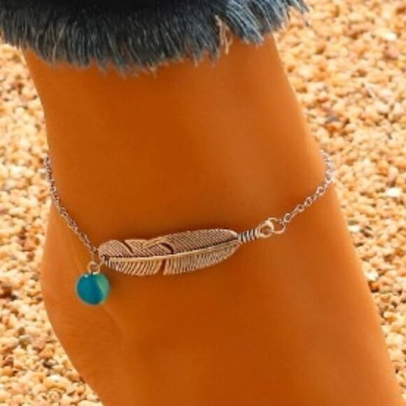 Anklet Feather with Turquoise Bead Antique Silver Tone - Picture 1 of 2